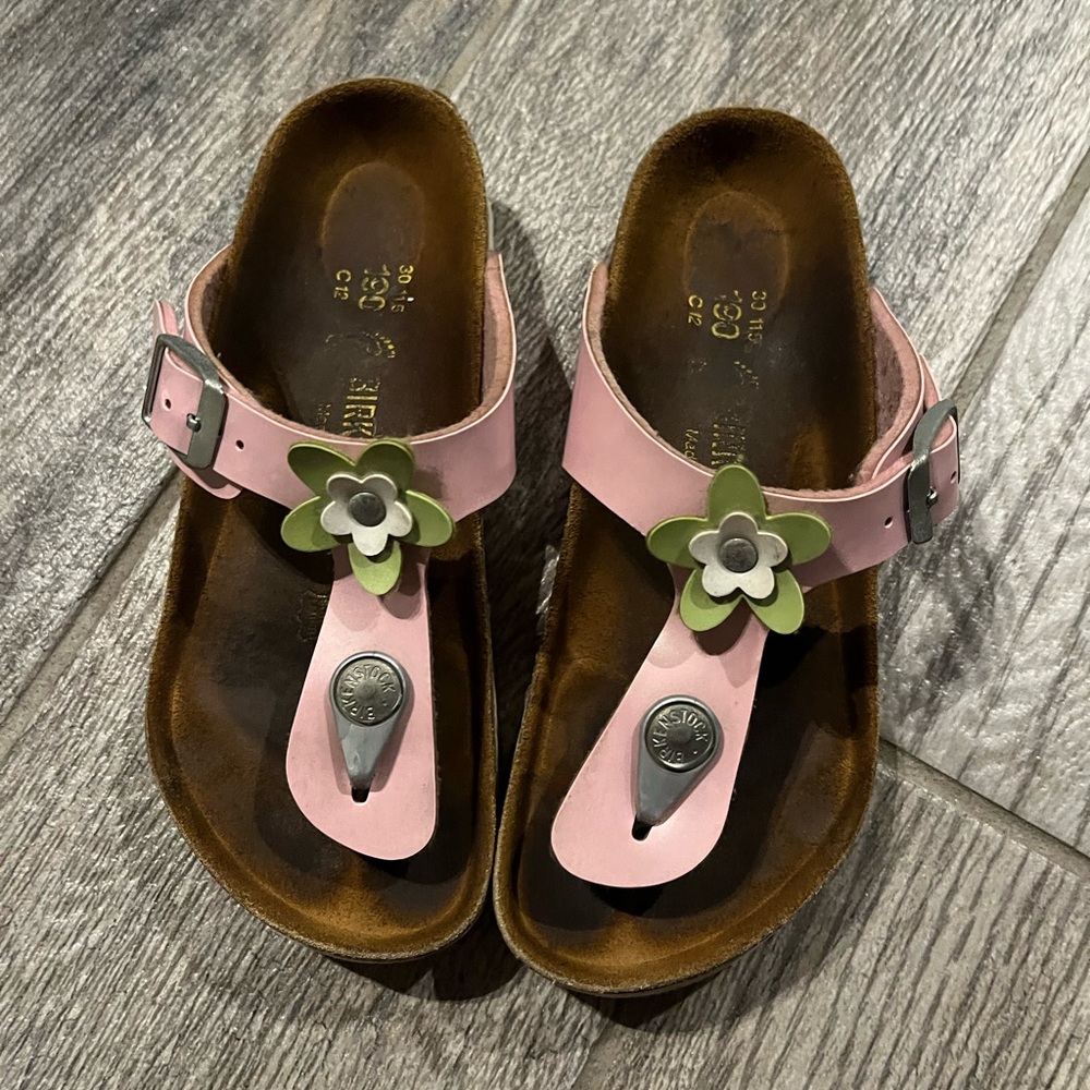 Birkenstock Pink and Green Sandals with Floral Accent